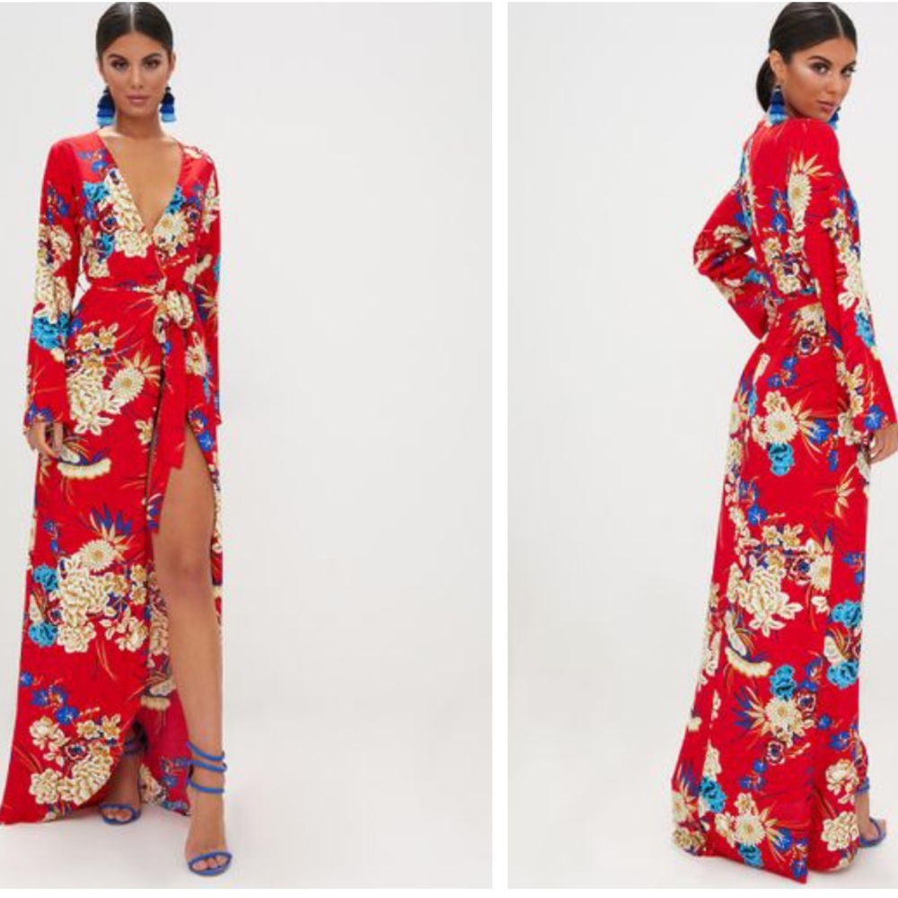 Red Floral Print Kimono Maxi Dress